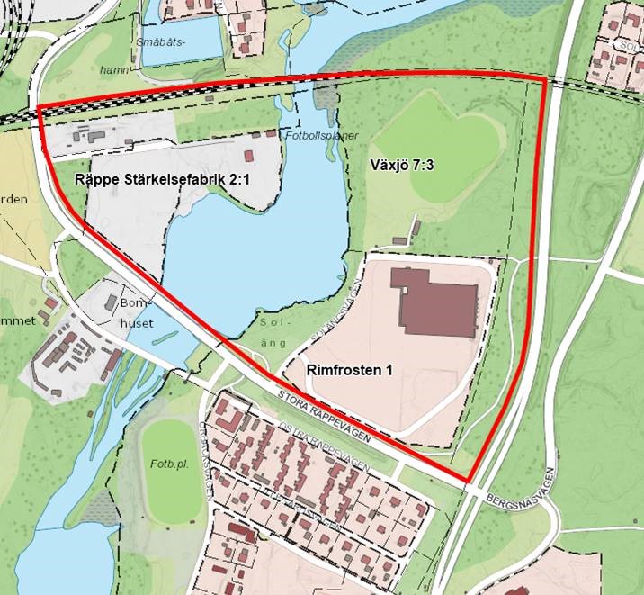 Karta över området där nytt akutsjukhus föreslås byggas 