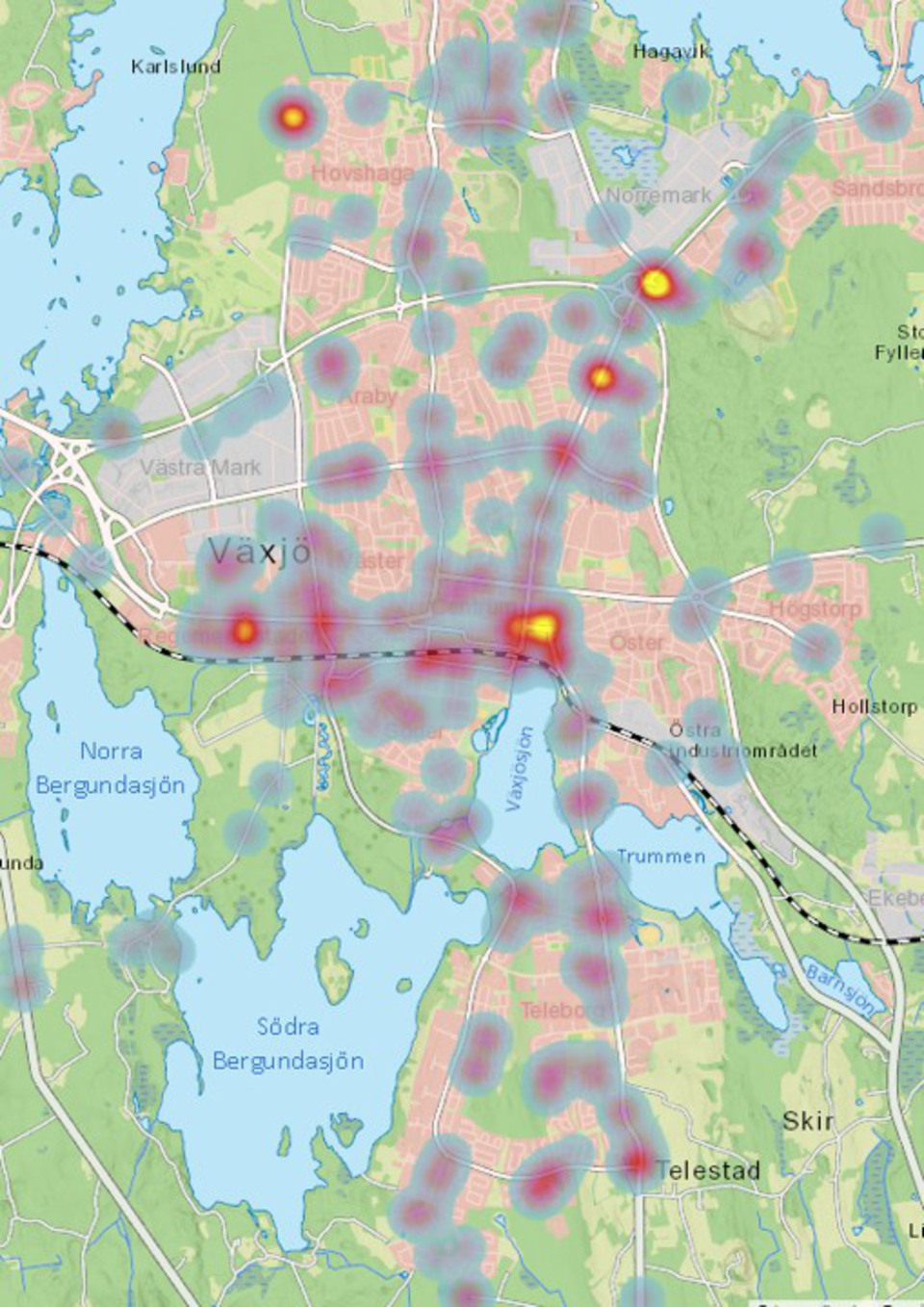 Bild på en karta som visar koncentrationer (”hot spots”) av synpunkter i Växjö stad.