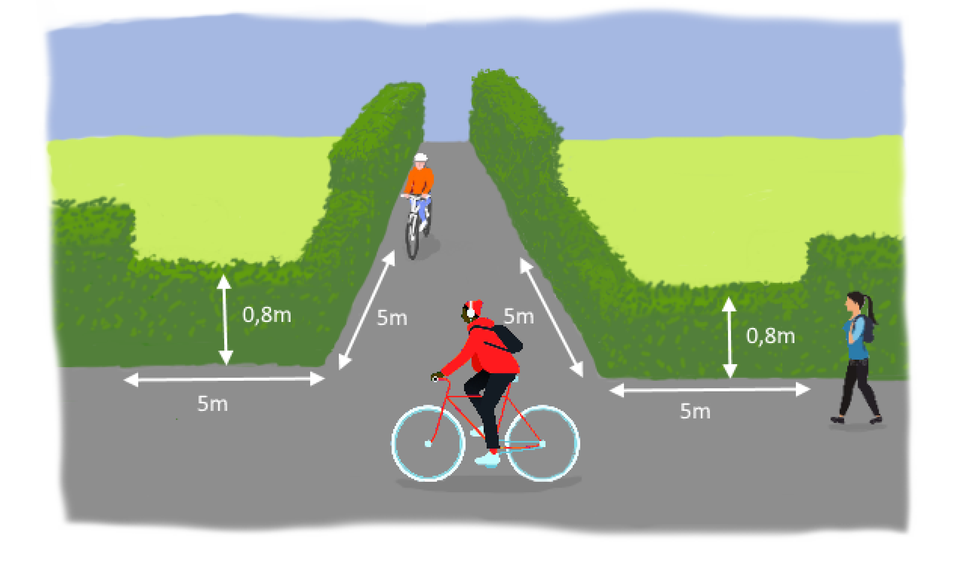 Siktkrav i korsning cykelväg med cykelväg. Häck och dylikt hålls max 0,8meter högt 5 meter i längsled i varje riktning.
