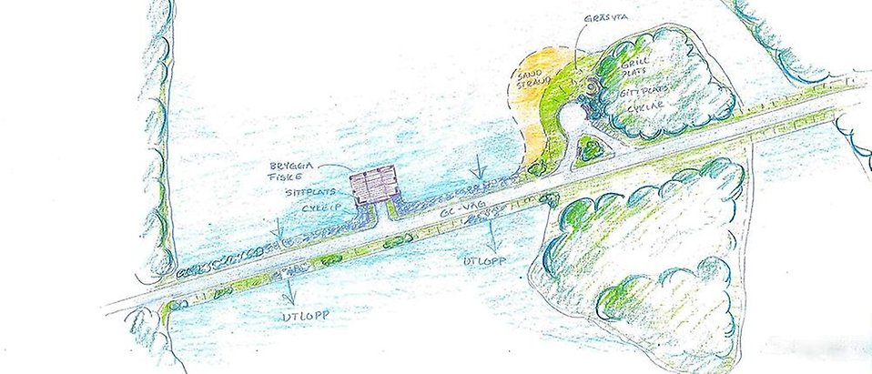 Visionsbild på hur Norra Bergundasjöns norra spets kan se ut i framtiden med cykelbana och sandstrand.