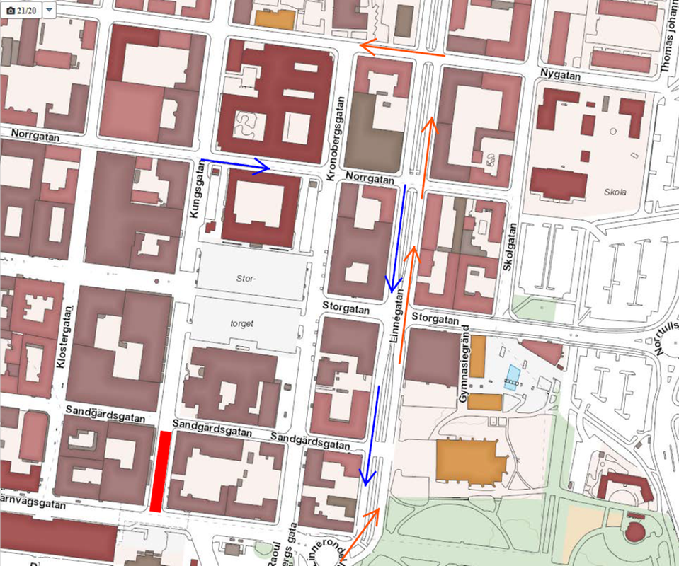 Kartbild som visar hur omledningen ser ut när Kungsgatan stängs av för biltrafik